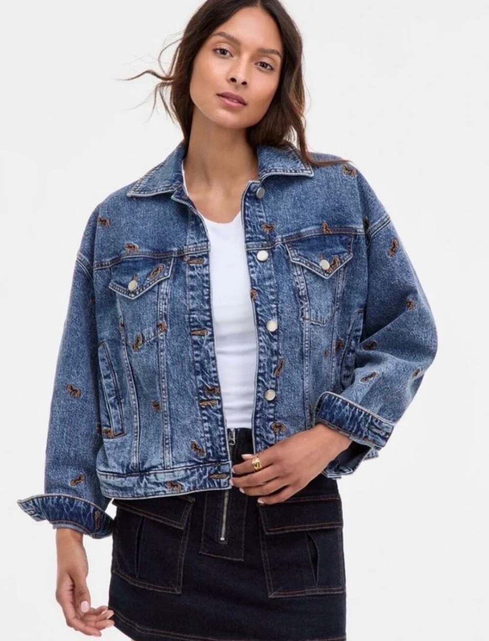 Avec Les Filles Embroidered Denim Jacket with Horse Motif, Size L